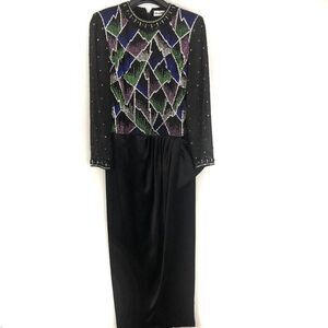 VTG 80s Amen Wardy Beaded Evening Gown Dress Sz M Black Sequin Dynasty Glamour